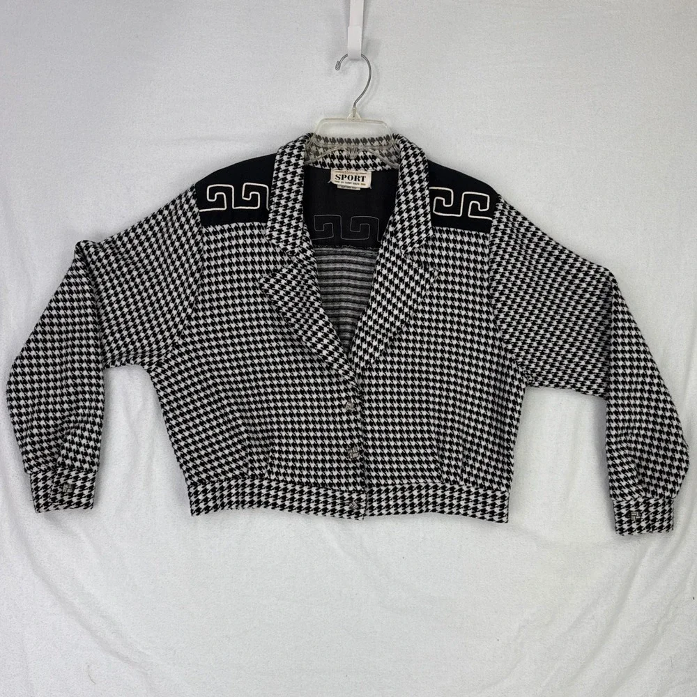 Vintage Sunny Sport Black White Houndstooth Jacket Greek Key Cropped‎ Blazer M